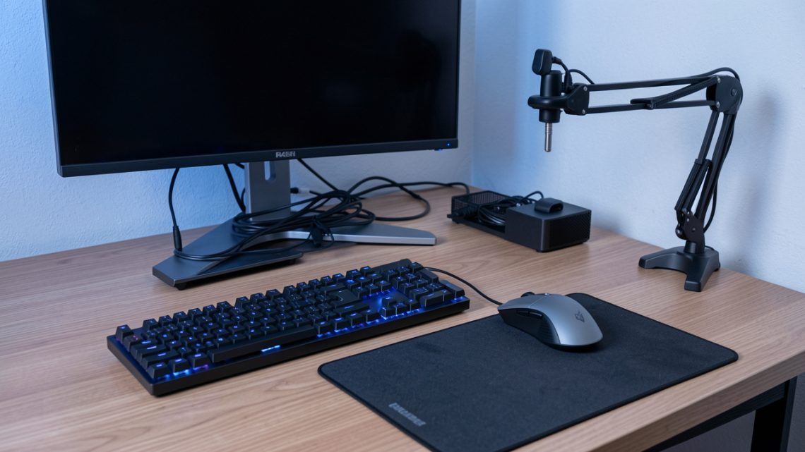 Bureau compact et bien organisé avec clavier mécanique fin, souris gaming, support de casque, tapis de bureau, gestion des câbles et bras de moniteur.