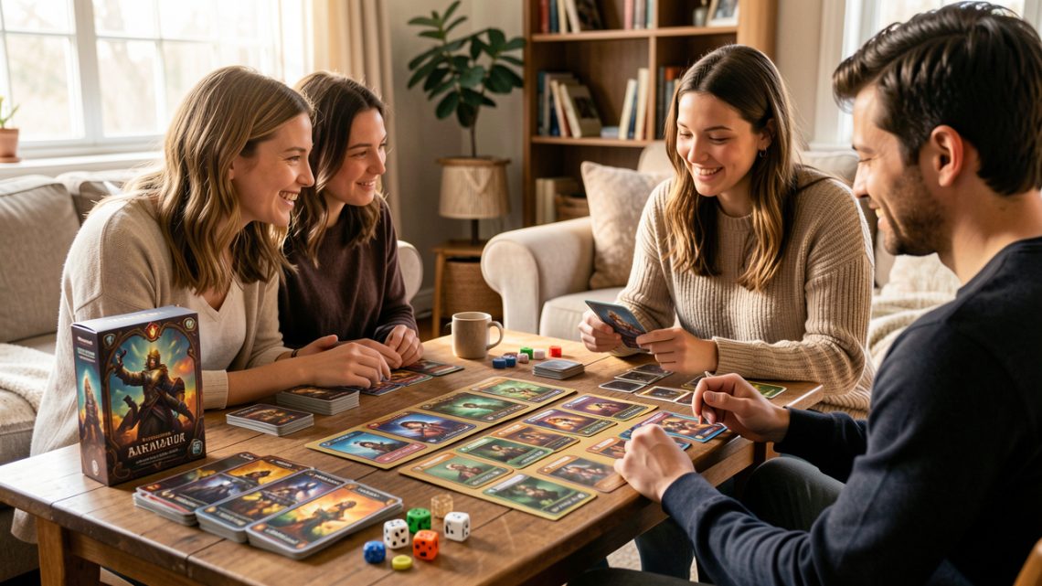 Un coffret de jeu de cartes fantasy pour débutants disposé sur une table, prêt pour une partie conviviale entre amis.