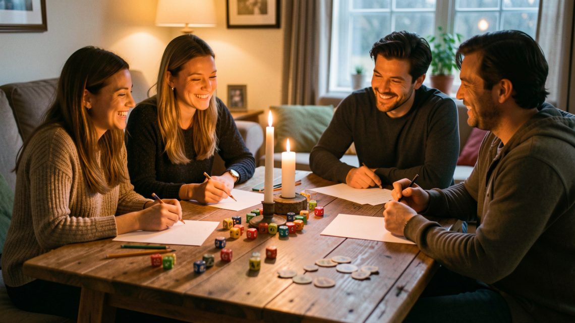 Deux femmes et deux hommes improvisent une aventure fantastique autour d’une table avec des dés colorés, du papier vierge et des figurines, dans une ambiance chaleureuse.