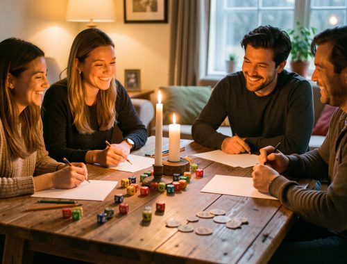 Deux femmes et deux hommes improvisent une aventure fantastique autour d’une table avec des dés colorés, du papier vierge et des figurines, dans une ambiance chaleureuse.