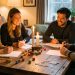 Deux femmes et deux hommes improvisent une aventure fantastique autour d’une table avec des dés colorés, du papier vierge et des figurines, dans une ambiance chaleureuse.