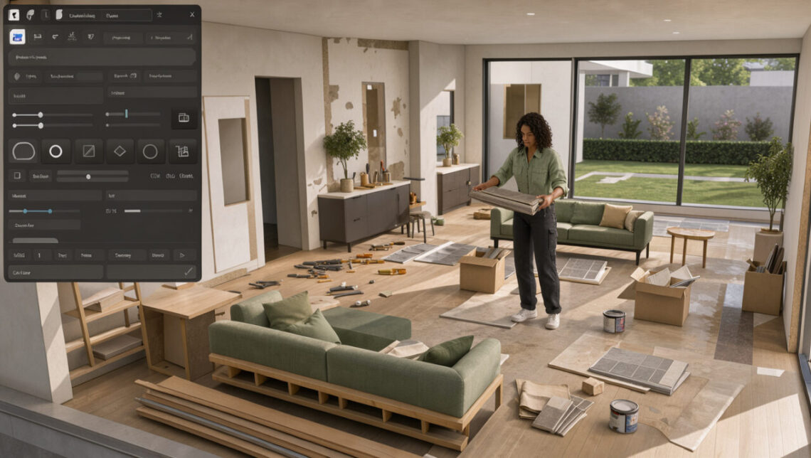 Illustration réaliste d’un écran de jeu de simulation montrant une maison moderne en rénovation, une décoratrice d’intérieur au travail et un panneau de contrôle ouvert sans contenu lisible.