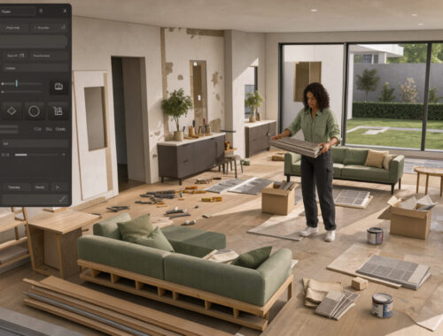 Illustration réaliste d’un écran de jeu de simulation montrant une maison moderne en rénovation, une décoratrice d’intérieur au travail et un panneau de contrôle ouvert sans contenu lisible.