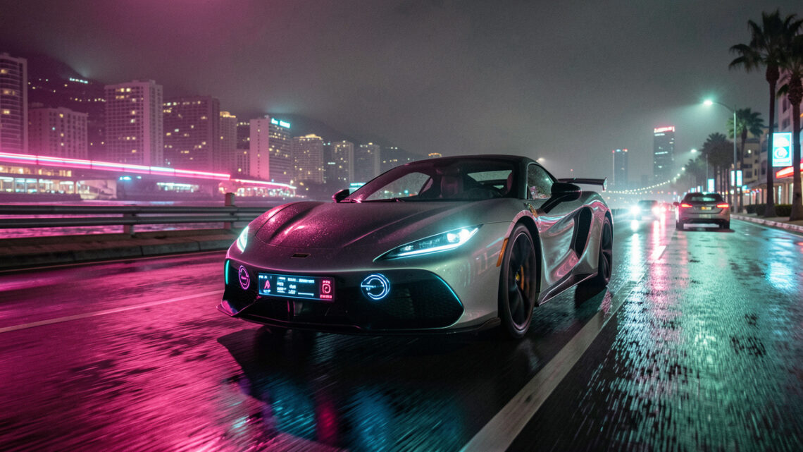 Vue nocturne cinématographique d’une voiture sportive roulant dans une ville côtière illuminée par des néons roses et cyan, avec des reflets sur la chaussée mouillée.
